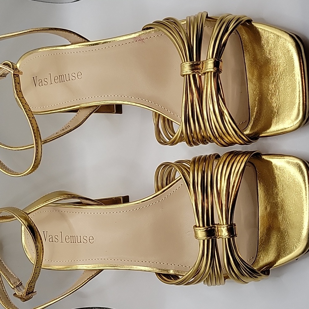 Vaslemuse Gold Hogh Heel Shoes pumps Open Toe Size 9 Wedding Cruise  Party